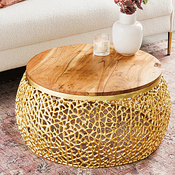 Konferenčný stôl Leaf 43228 Ø75cm Aluminium Gold + Drevo Acacia