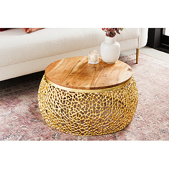 Konferenčný stôl Leaf 43228 Ø75cm Aluminium Gold + Drevo Acacia