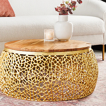 Konferenčný stôl Leaf 43228 Ø75cm Aluminium Gold + Drevo Acacia