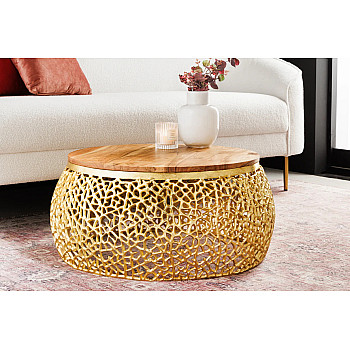 Konferenčný stôl Leaf 43228 Ø75cm Aluminium Gold + Drevo Acacia