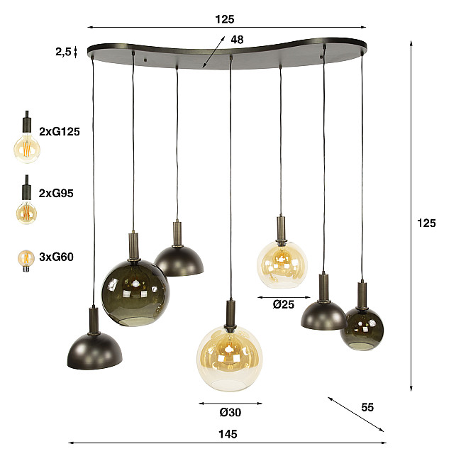 Luster 75-00 Cluster 4+3L Brown + Jantar Glass
