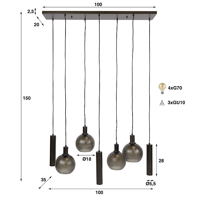 Luster 79-12S Sfere 4+3L Brown Frosted Glass