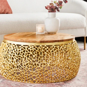 Konferenčný stôl Leaf 43228 Ø75cm Aluminium Gold + Drevo Acacia
