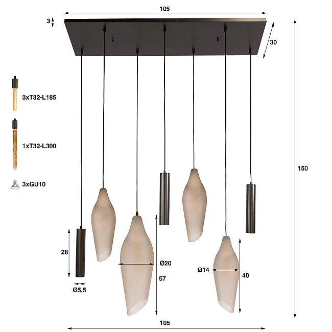 Luster 76-99F Cocoon 4+3L Brown Frosted Glass
